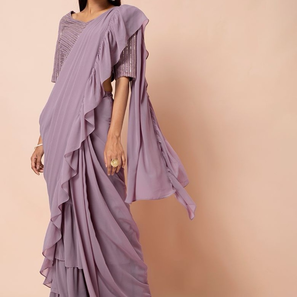 Pre-pleated Ruffle Saree in Lilac NWT